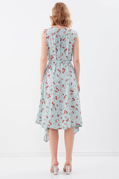 SLEEVELESS BELT-ATTACHED FLORAL DRESS