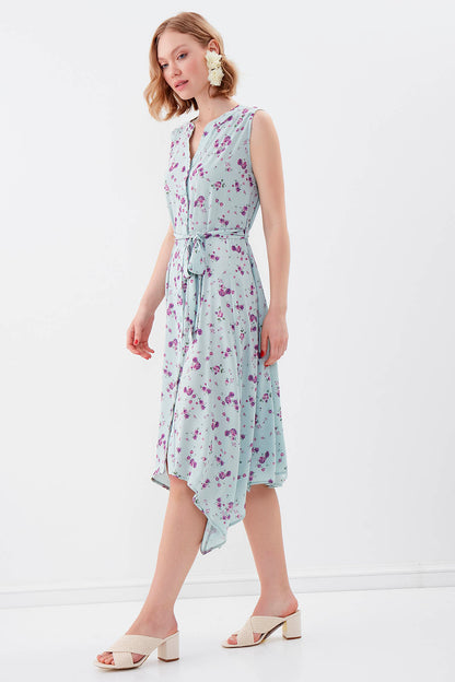 SLEEVELESS BELT-ATTACHED FLORAL DRESS