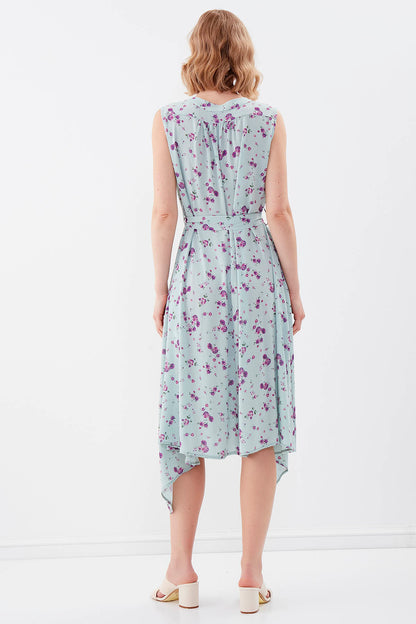 SLEEVELESS BELT-ATTACHED FLORAL DRESS