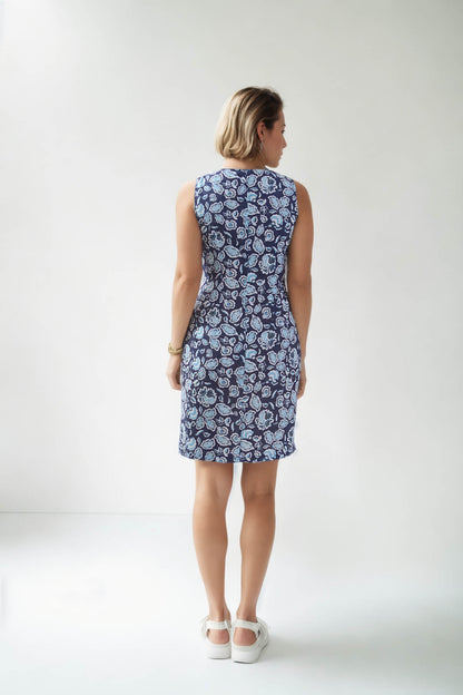 SLEEVELESS FLORAL PATTERN LINEN DRESS