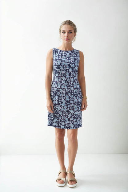 SLEEVELESS FLORAL PATTERN LINEN DRESS