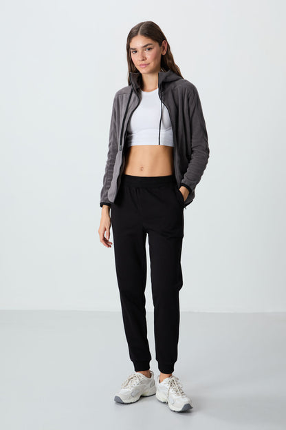 Black Compact Cotton Thick Smooth Textured Standard Fit Women's Tracksuit Bottom - 94660