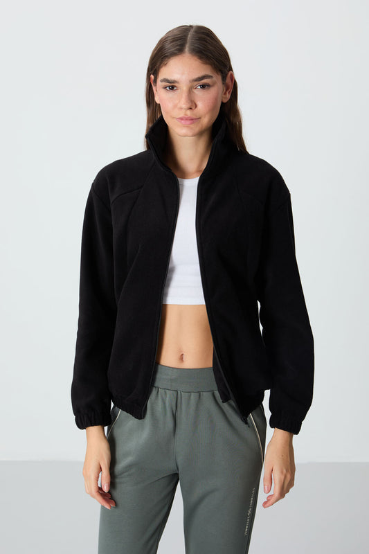 Black Thick Soft Textured High Collar Oversize Embroidered Fleece Women's Sweatshirt - 97293