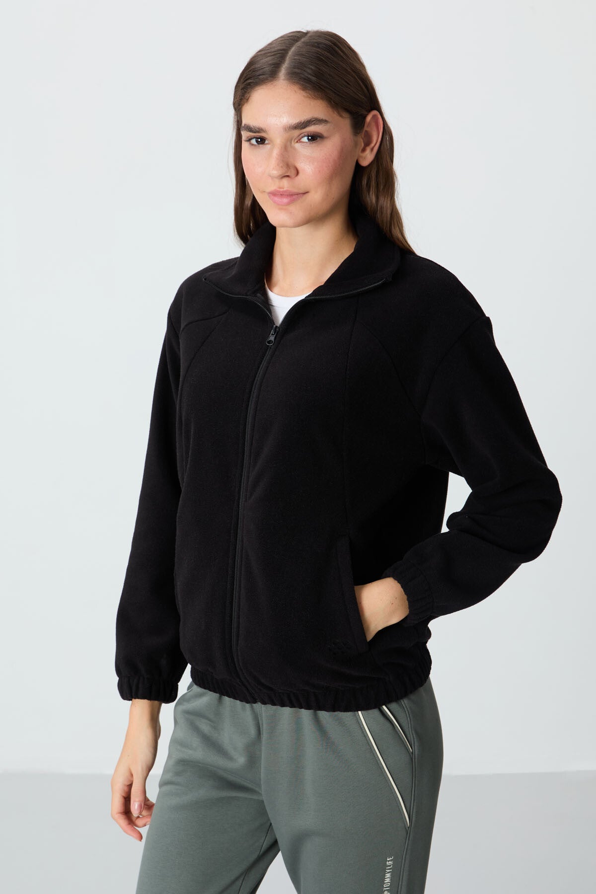 Black Thick Soft Textured High Collar Oversize Embroidered Fleece Women's Sweatshirt - 97293
