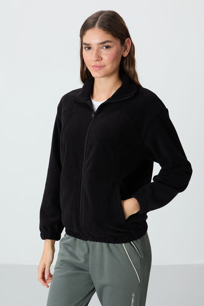 Black Thick Soft Textured High Collar Oversize Embroidered Fleece Women's Sweatshirt - 97293