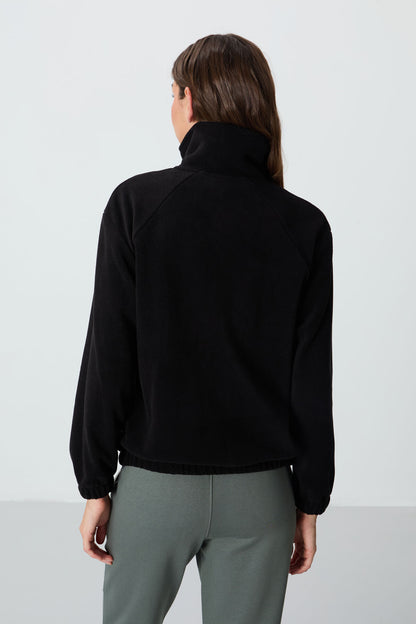Black Thick Soft Textured High Collar Oversize Embroidered Fleece Women's Sweatshirt - 97293