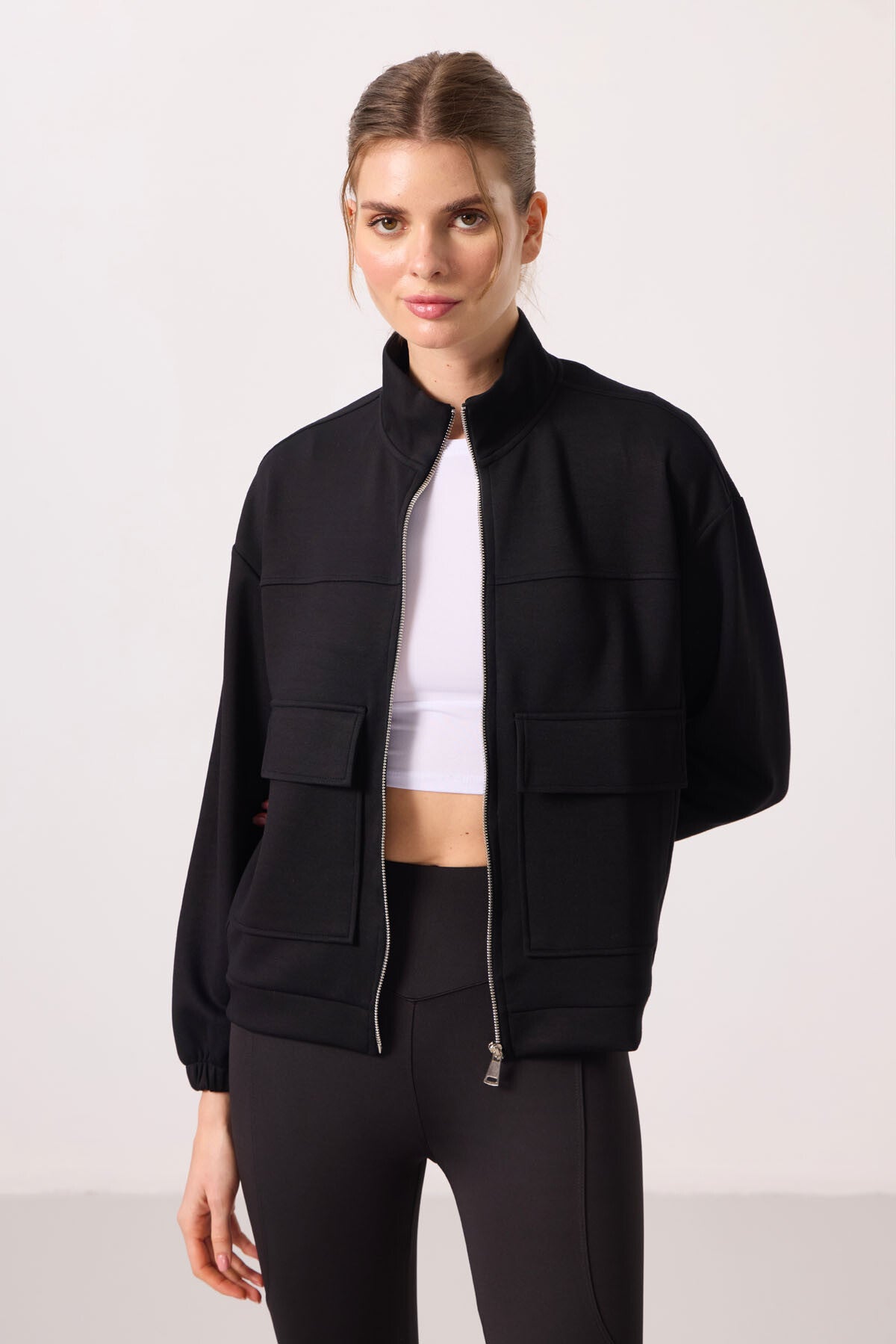 Black Soft Textured High Collar Oversize Cargo Pocket Women's Crop Top Sweatshirt - 97301
