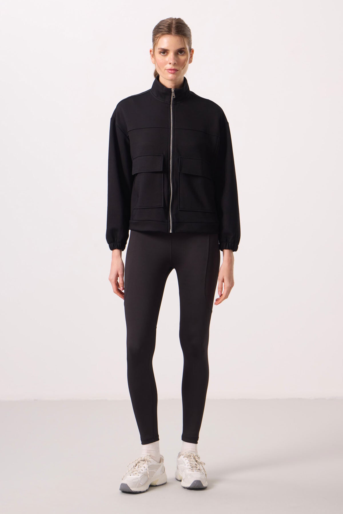 Black Soft Textured High Collar Oversize Cargo Pocket Women's Crop Top Sweatshirt - 97301