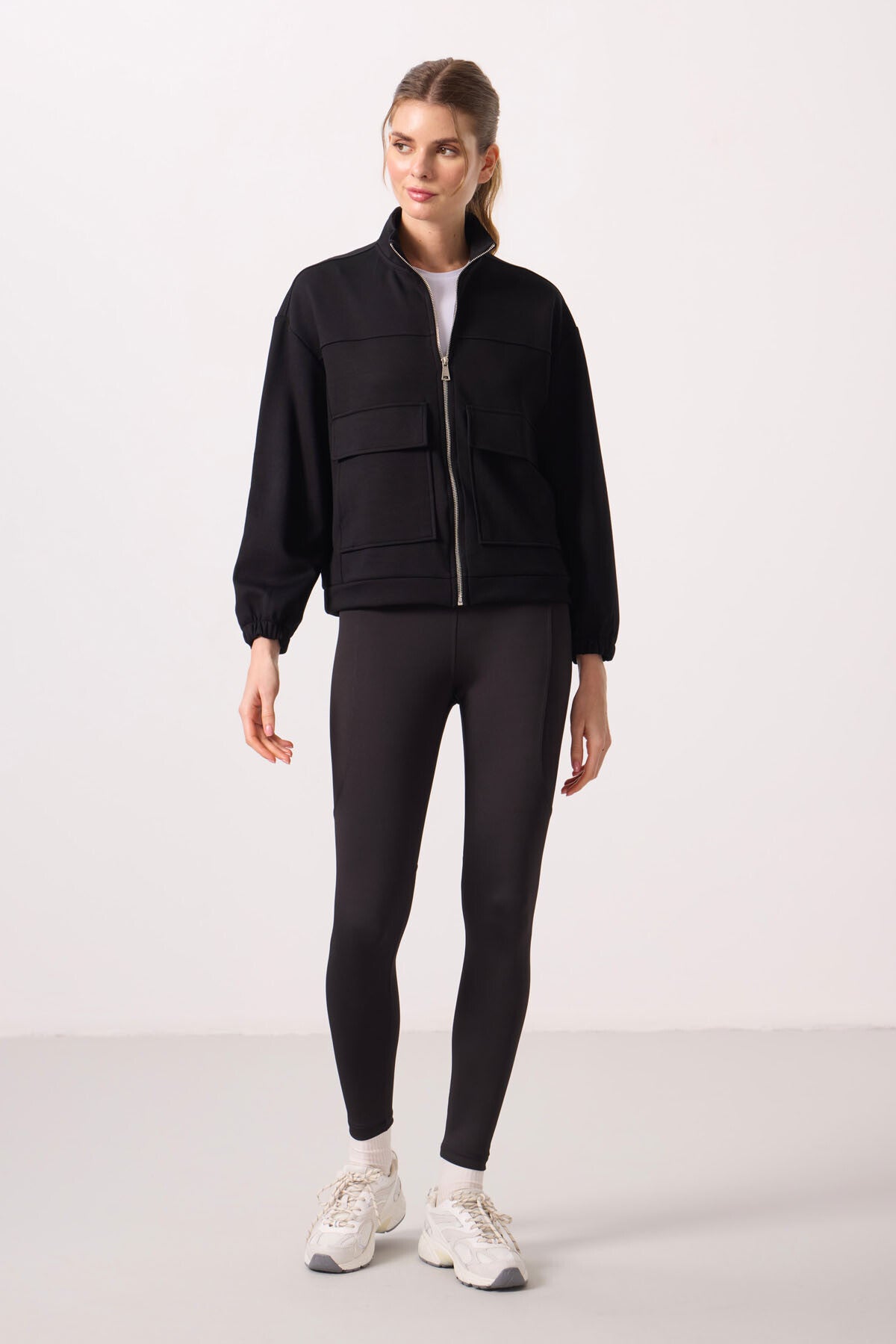 Black Soft Textured High Collar Oversize Cargo Pocket Women's Crop Top Sweatshirt - 97301