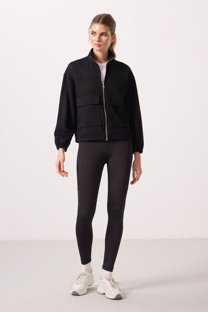 Black Soft Textured High Collar Oversize Cargo Pocket Women's Crop Top Sweatshirt - 97301