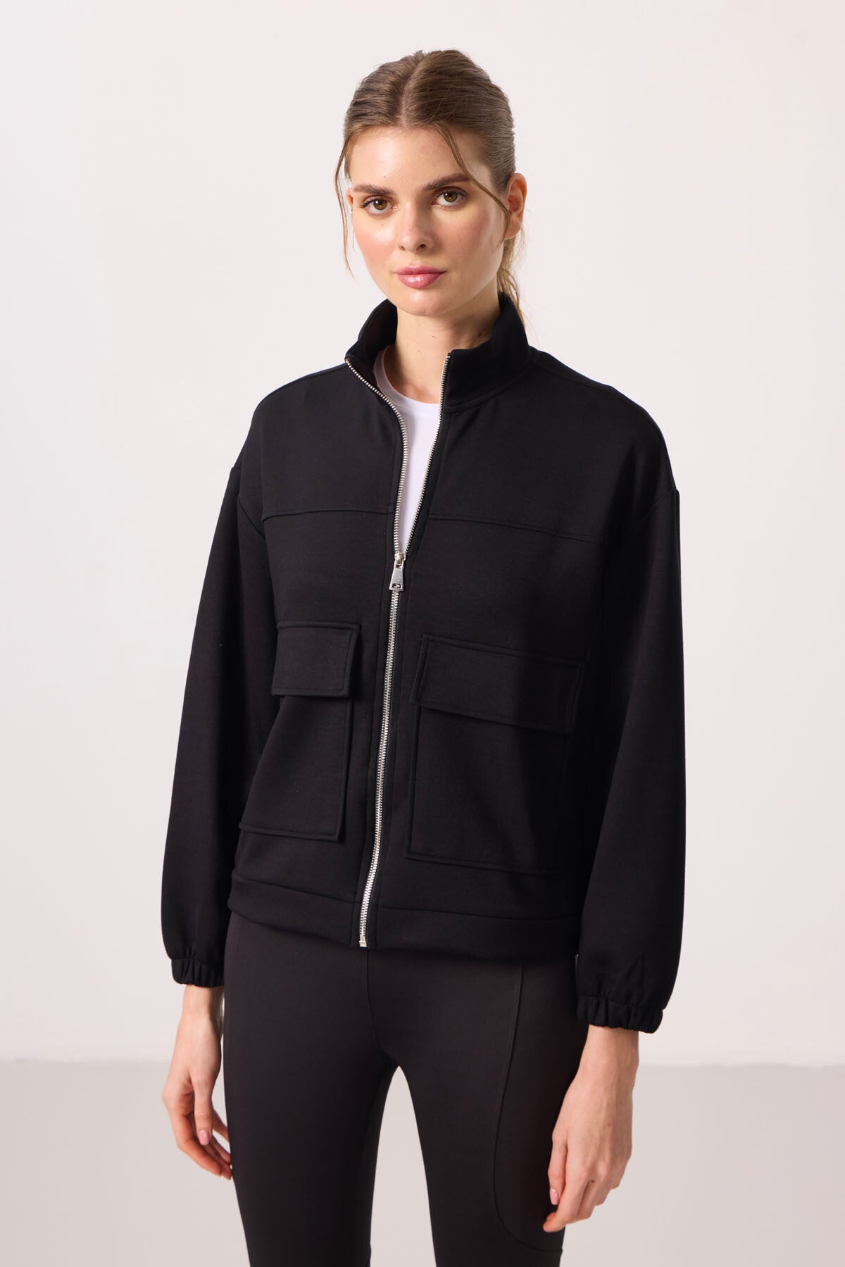 Black Soft Textured High Collar Oversize Cargo Pocket Women's Crop Top Sweatshirt - 97301
