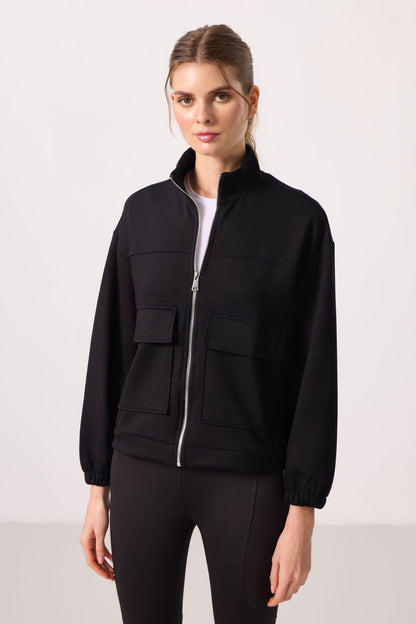 Black Soft Textured High Collar Oversize Cargo Pocket Women's Crop Top Sweatshirt - 97301