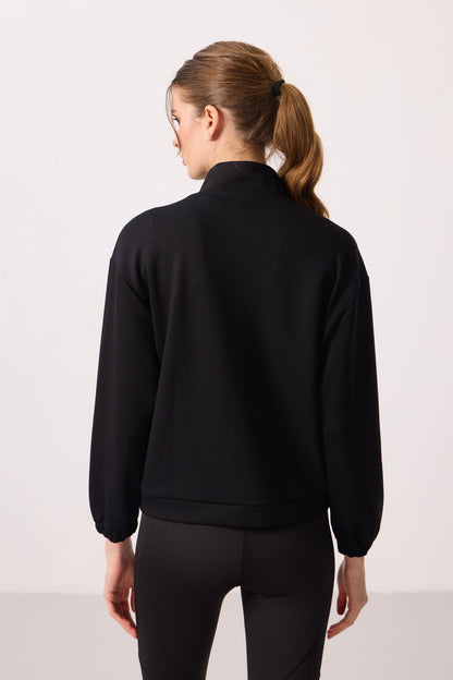 Black Soft Textured High Collar Oversize Cargo Pocket Women's Crop Top Sweatshirt - 97301