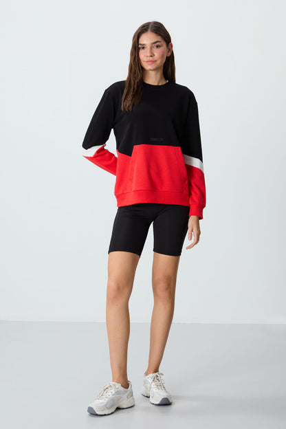 Black Compact Cotton Thick Smooth Textured O Collar Oversize Fit Women's Sweatshirt - 97289