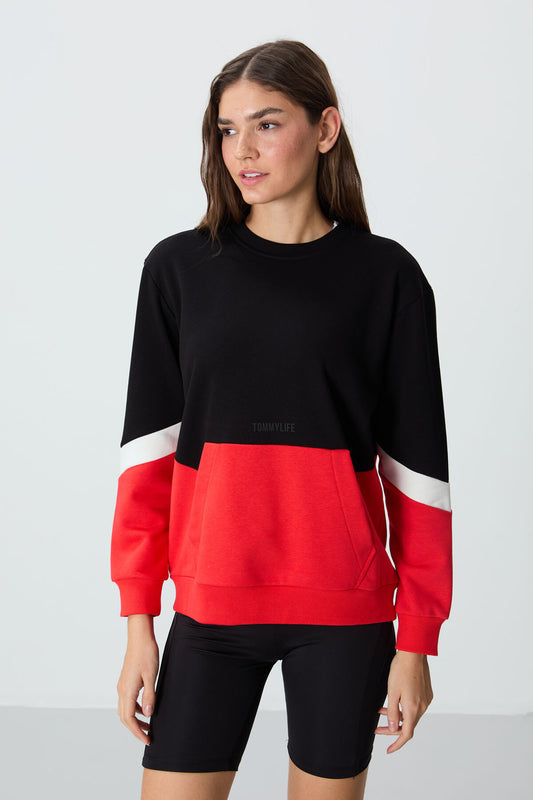 Black Compact Cotton Thick Smooth Textured O Collar Oversize Fit Women's Sweatshirt - 97289