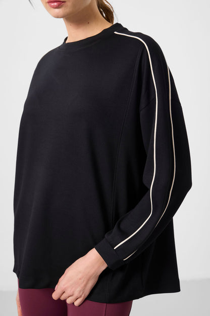 Black Soft Textured O Collar Oversize Women's Tunic Sweatshirt - 97303