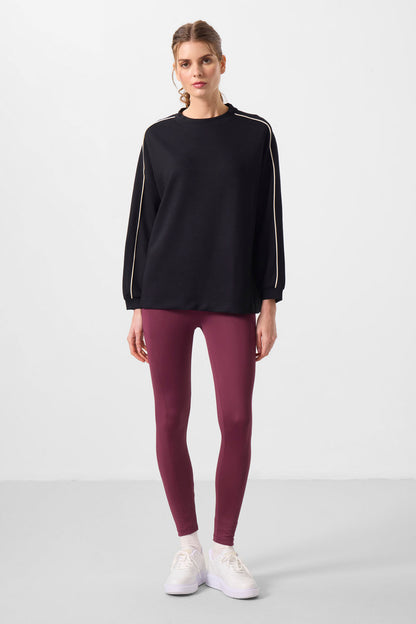 Black Soft Textured O Collar Oversize Women's Tunic Sweatshirt - 97303