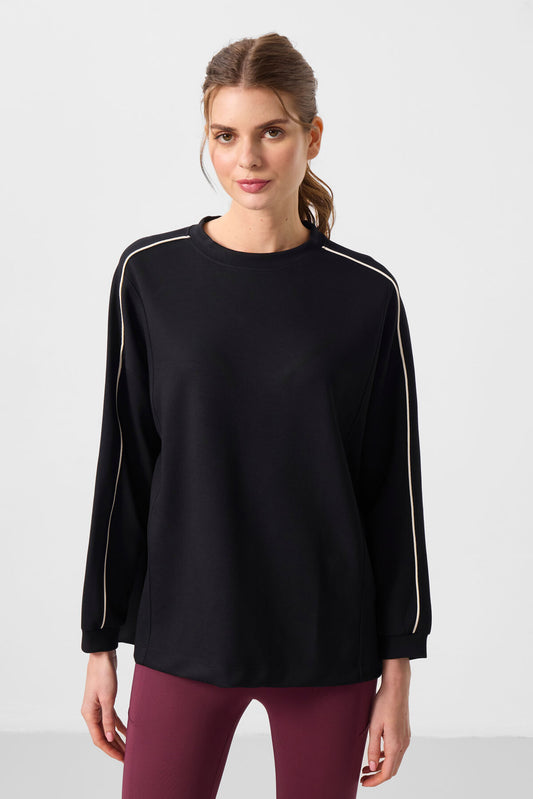 Black Soft Textured O Collar Oversize Women's Tunic Sweatshirt - 97303