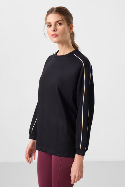 Black Soft Textured O Collar Oversize Women's Tunic Sweatshirt - 97303