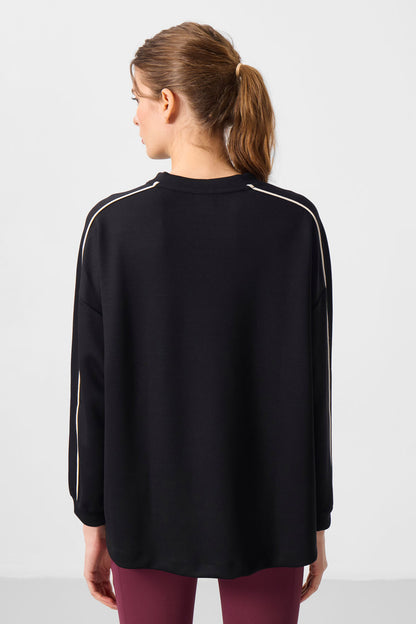 Black Soft Textured O Collar Oversize Women's Tunic Sweatshirt - 97303