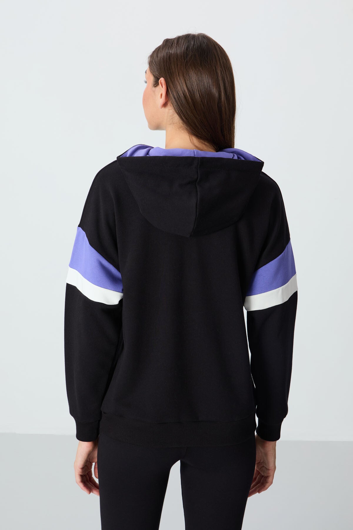 Black Compact Cotton Thick Smooth Textured Hooded Oversize Fit Women's Sweatshirt - 97290