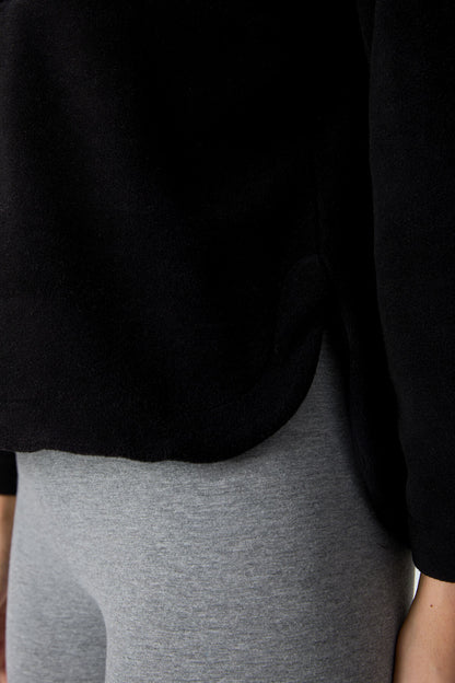 Black Thick Soft Textured Oversize Embroidered Hooded Fleece Women's Sweatshirt -97286