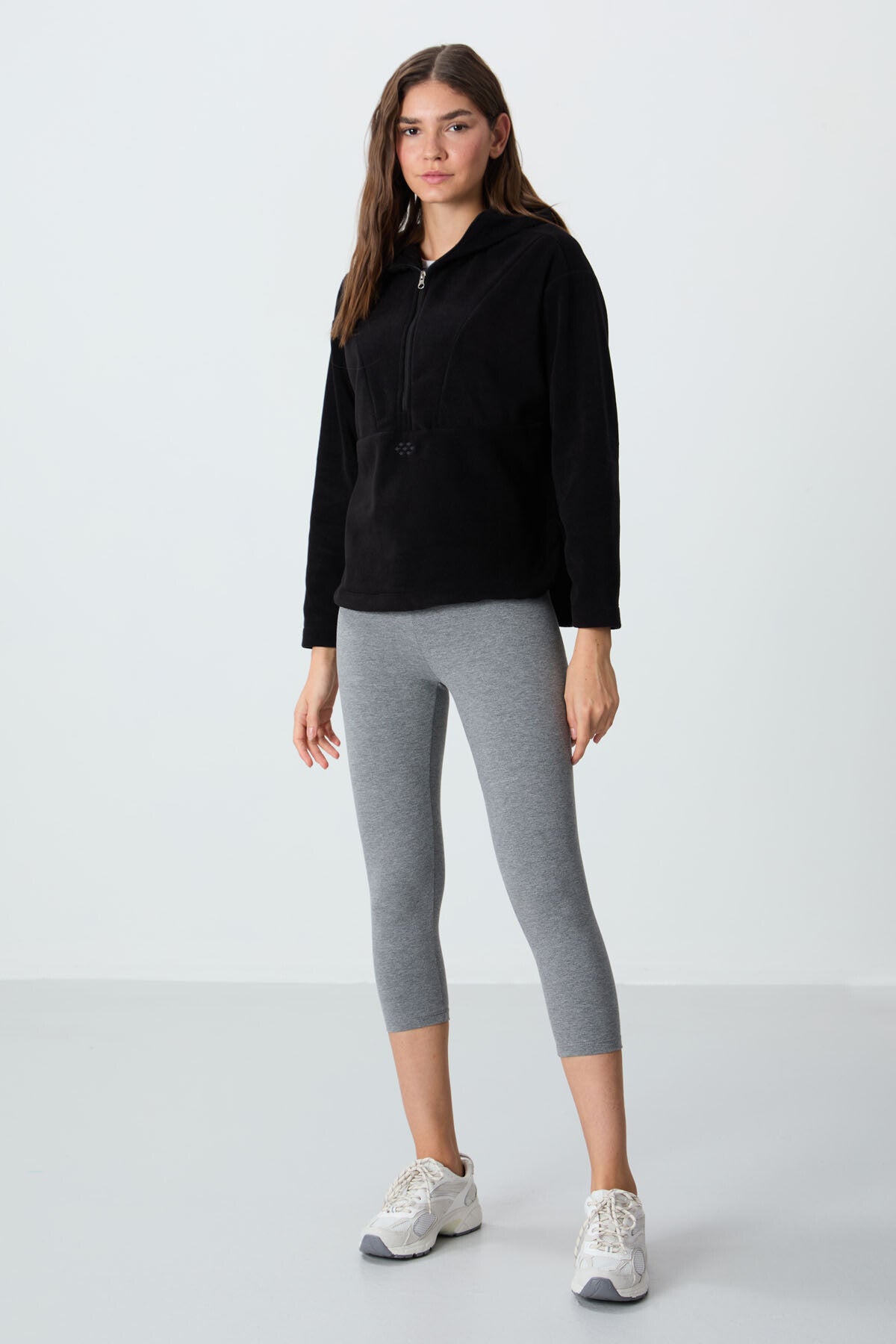 Black Thick Soft Textured Oversize Embroidered Hooded Fleece Women's Sweatshirt -97286