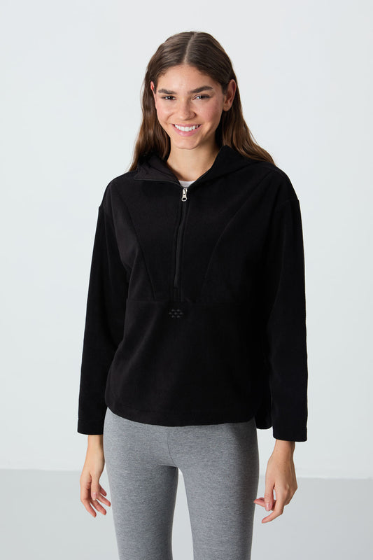 Black Thick Soft Textured Oversize Embroidered Hooded Fleece Women's Sweatshirt -97286