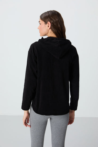 Black Thick Soft Textured Oversize Embroidered Hooded Fleece Women's Sweatshirt -97286