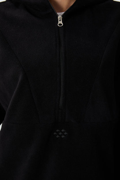 Black Thick Soft Textured Oversize Embroidered Hooded Fleece Women's Sweatshirt -97286