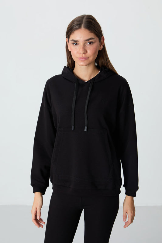 Black Compact Cotton Thick Smooth Textured Hooded Oversize Fit Women's Sweatshirt - 97291