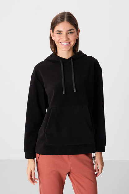 Black Thick Soft Textured Oversize Embroidered Hooded Fleece Women's Sweatshirt - 97292