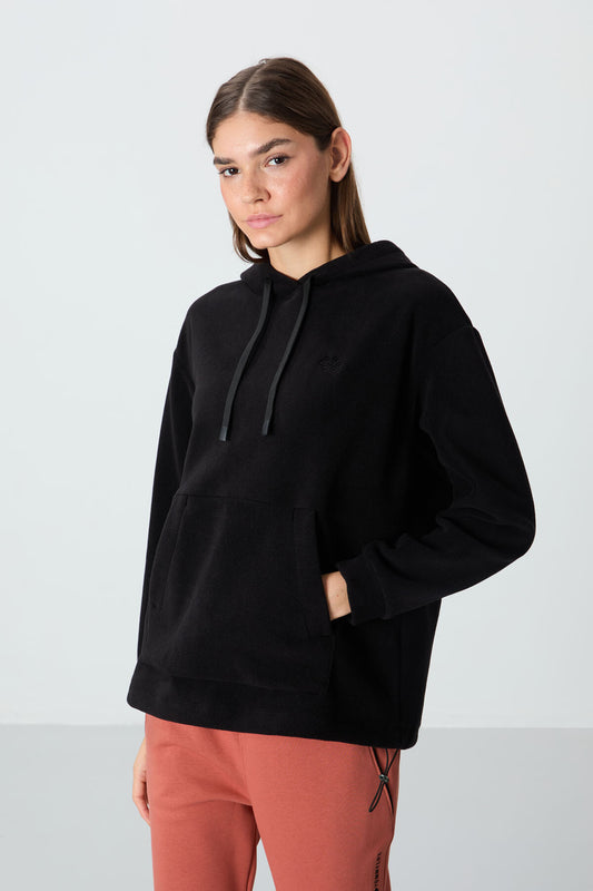 Black Thick Soft Textured Oversize Embroidered Hooded Fleece Women's Sweatshirt - 97292