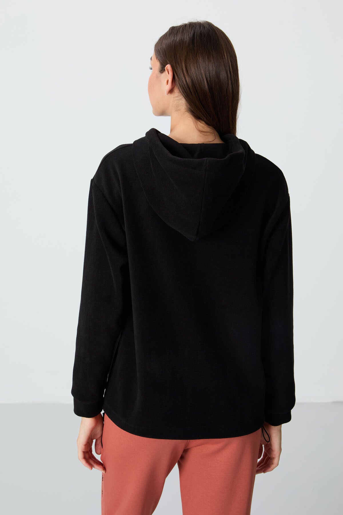 Black Thick Soft Textured Oversize Embroidered Hooded Fleece Women's Sweatshirt - 97292