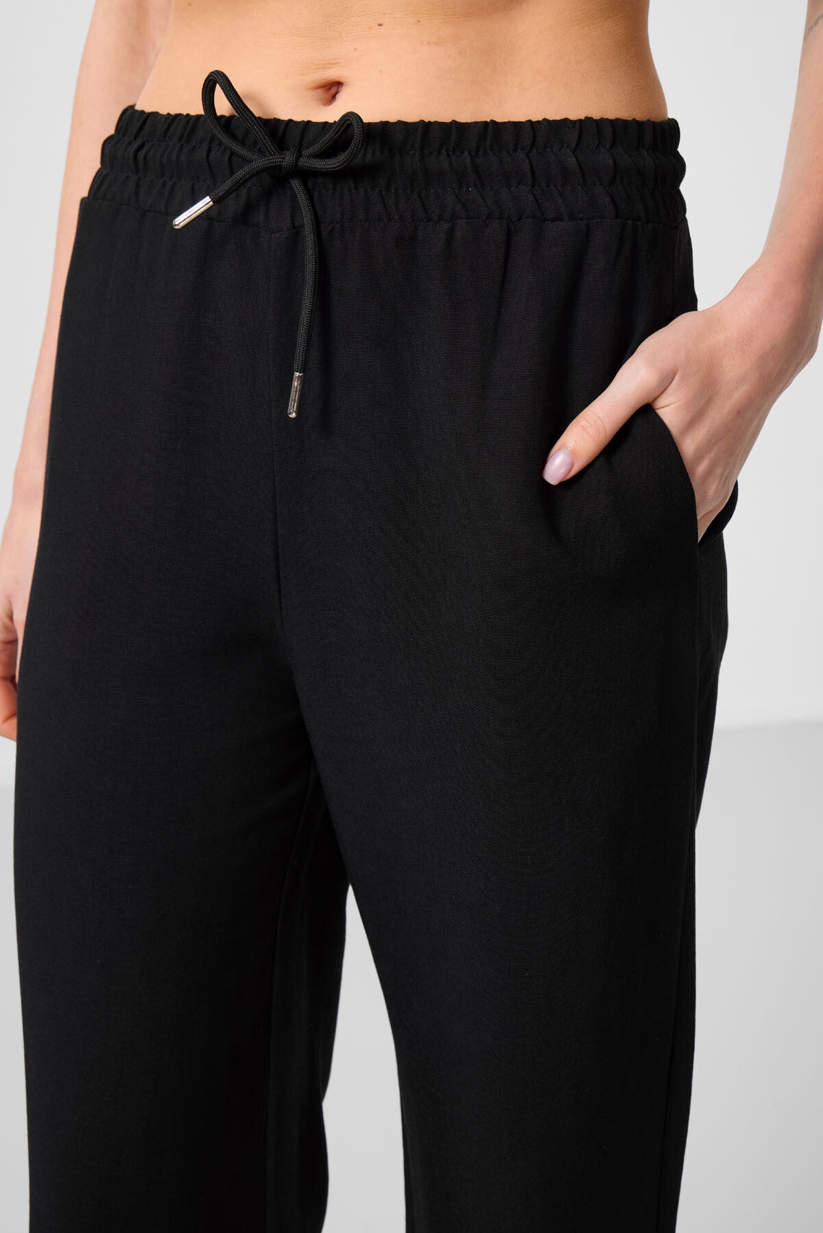 Black Linen Wide Leg Comfort Fit Women's Palazzo Trousers - 94675