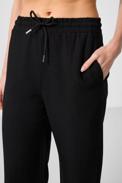 Black Linen Wide Leg Comfort Fit Women's Palazzo Trousers - 94675