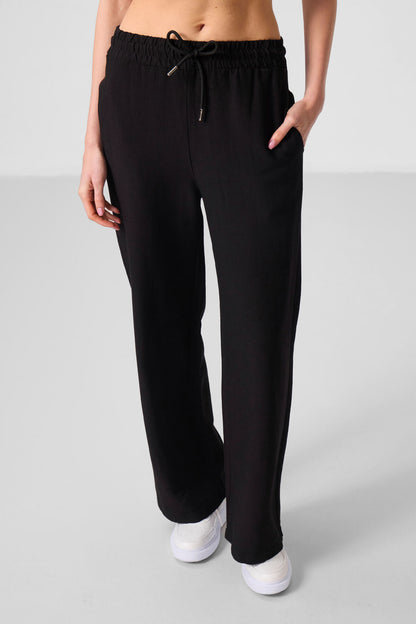 Black Linen Wide Leg Comfort Fit Women's Palazzo Trousers - 94675