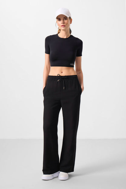 Black Linen Wide Leg Comfort Fit Women's Palazzo Trousers - 94675