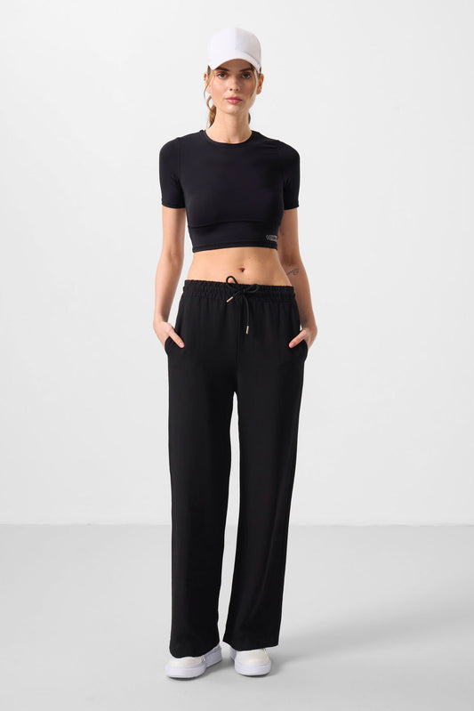 Black Linen Wide Leg Comfort Fit Women's Palazzo Trousers - 94675