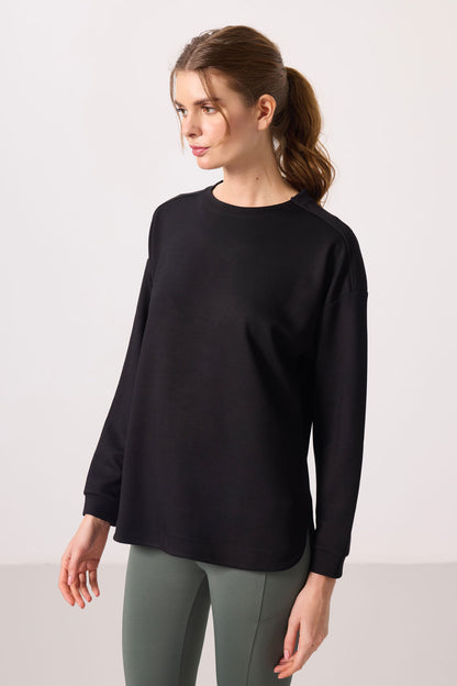 Black Soft Textured O Collar Comfort Fit Women's Tunic Sweatshirt - 97305