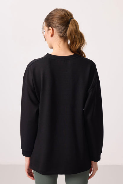 Black Soft Textured O Collar Comfort Fit Women's Tunic Sweatshirt - 97305