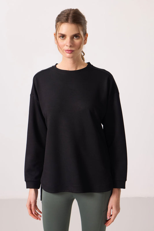Black Soft Textured O Collar Comfort Fit Women's Tunic Sweatshirt - 97305