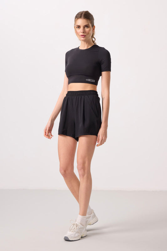 Black Polyester Hidden Pocket Zippered Comfort Fit Women's Shorts - 91014