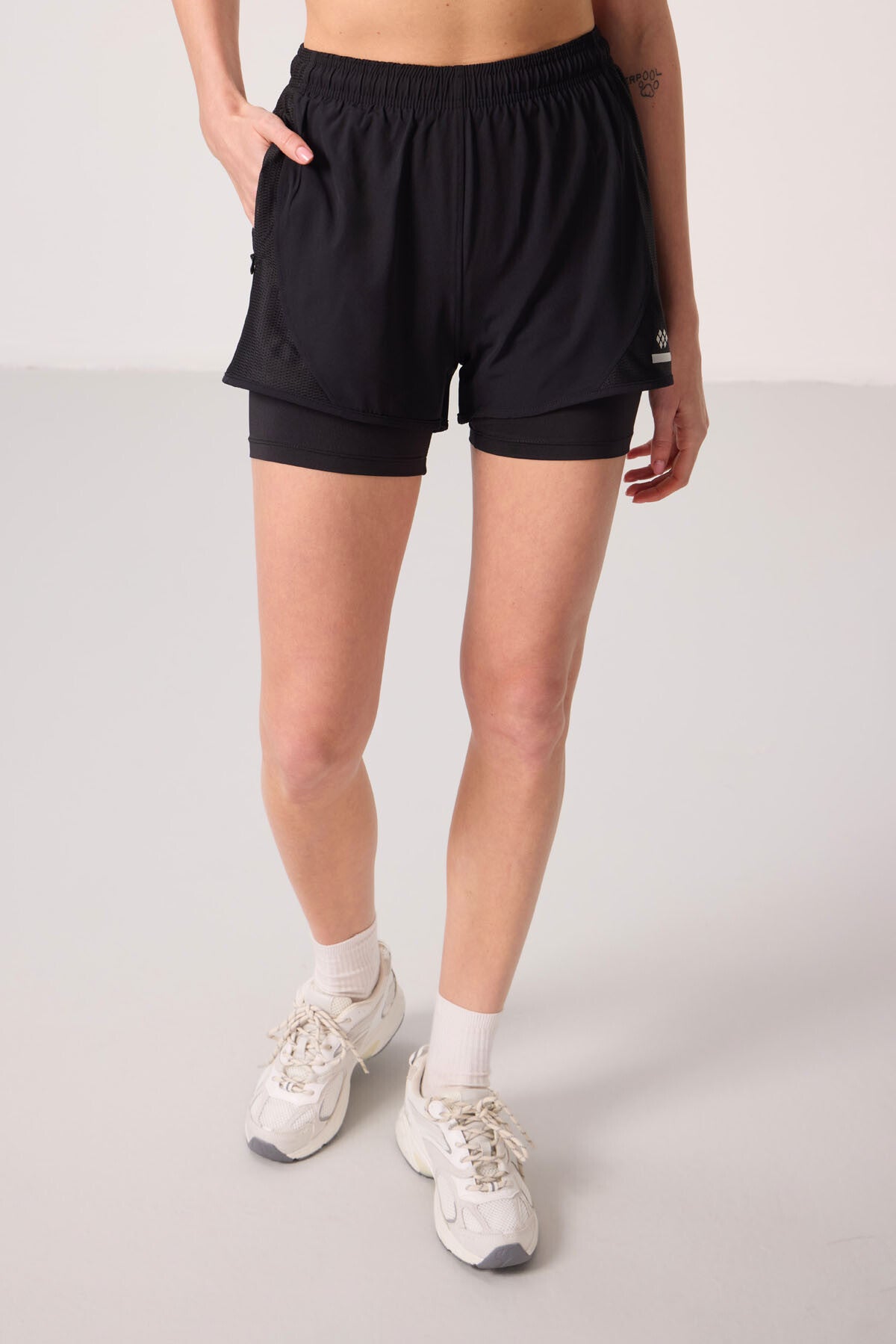 Black Polyester Hidden Pocket Zippered Standard Fit Women's Lined Shorts - 91015