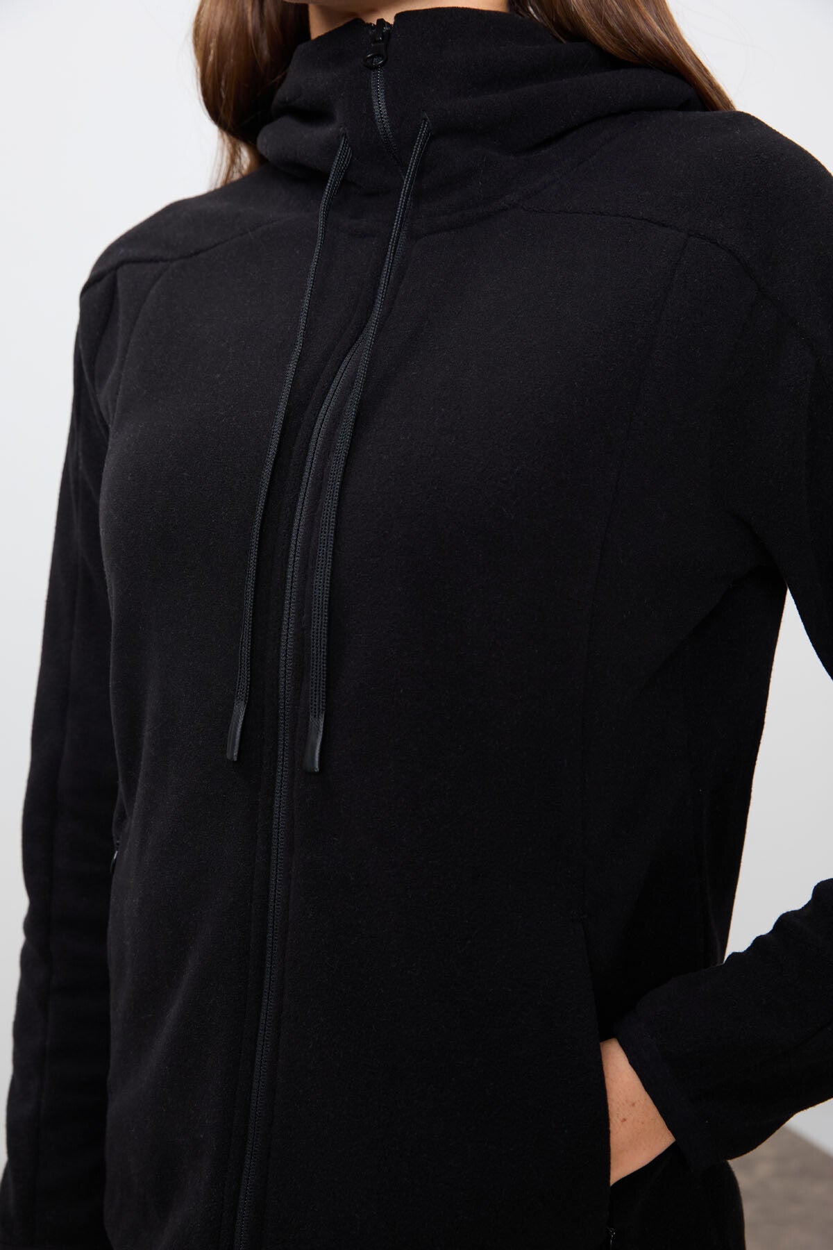 Black Thick Soft Textured Hooded Standard Fit Embroidered Fleece Women's Sweatshirt -97287
