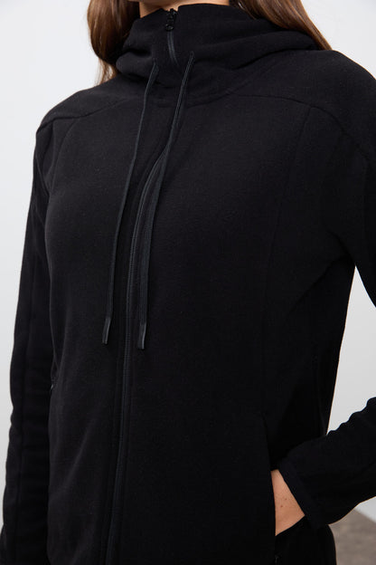Black Thick Soft Textured Hooded Standard Fit Embroidered Fleece Women's Sweatshirt -97287