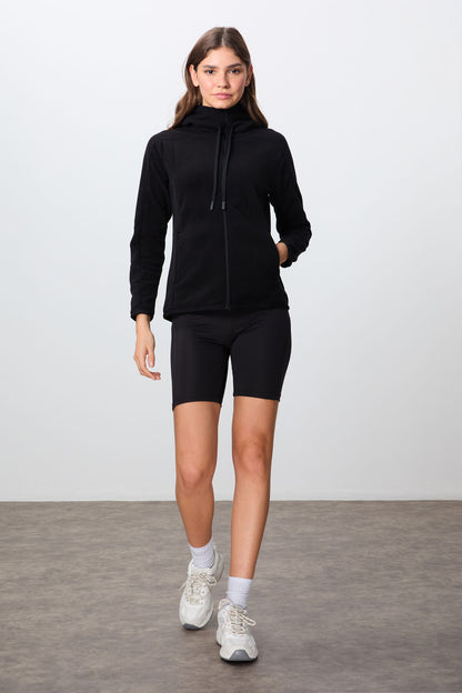 Black Thick Soft Textured Hooded Standard Fit Embroidered Fleece Women's Sweatshirt -97287
