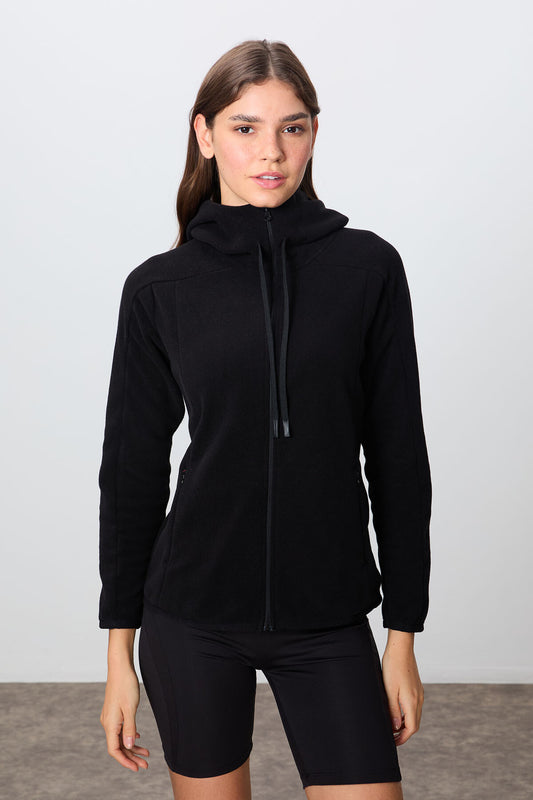 Black Thick Soft Textured Hooded Standard Fit Embroidered Fleece Women's Sweatshirt -97287