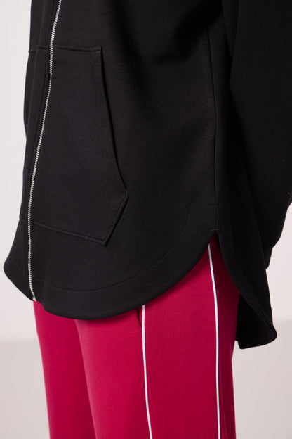 Black Soft Textured Oversize Women's Hooded Tunic Sweatshirt - 97302