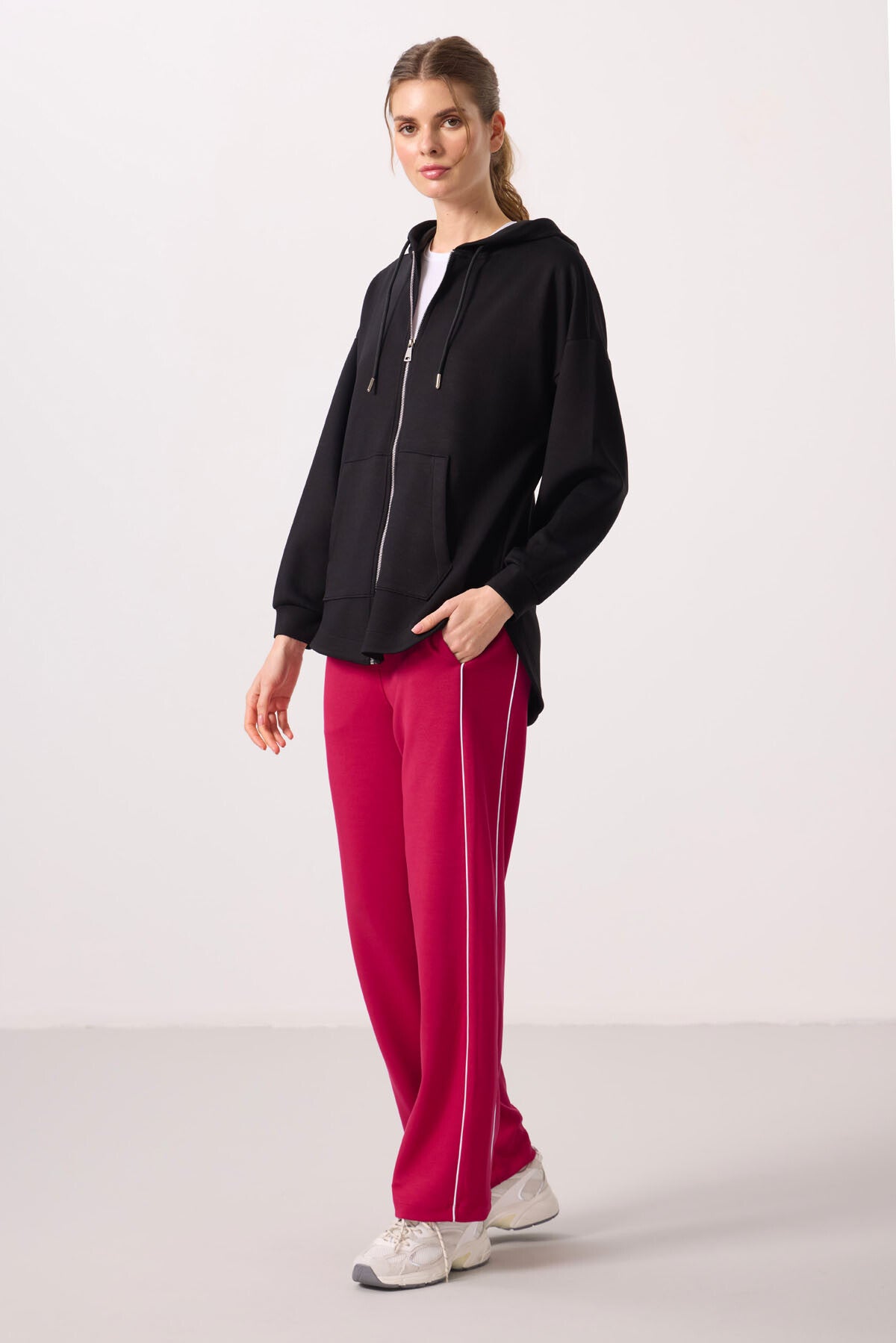 Black Soft Textured Oversize Women's Hooded Tunic Sweatshirt - 97302